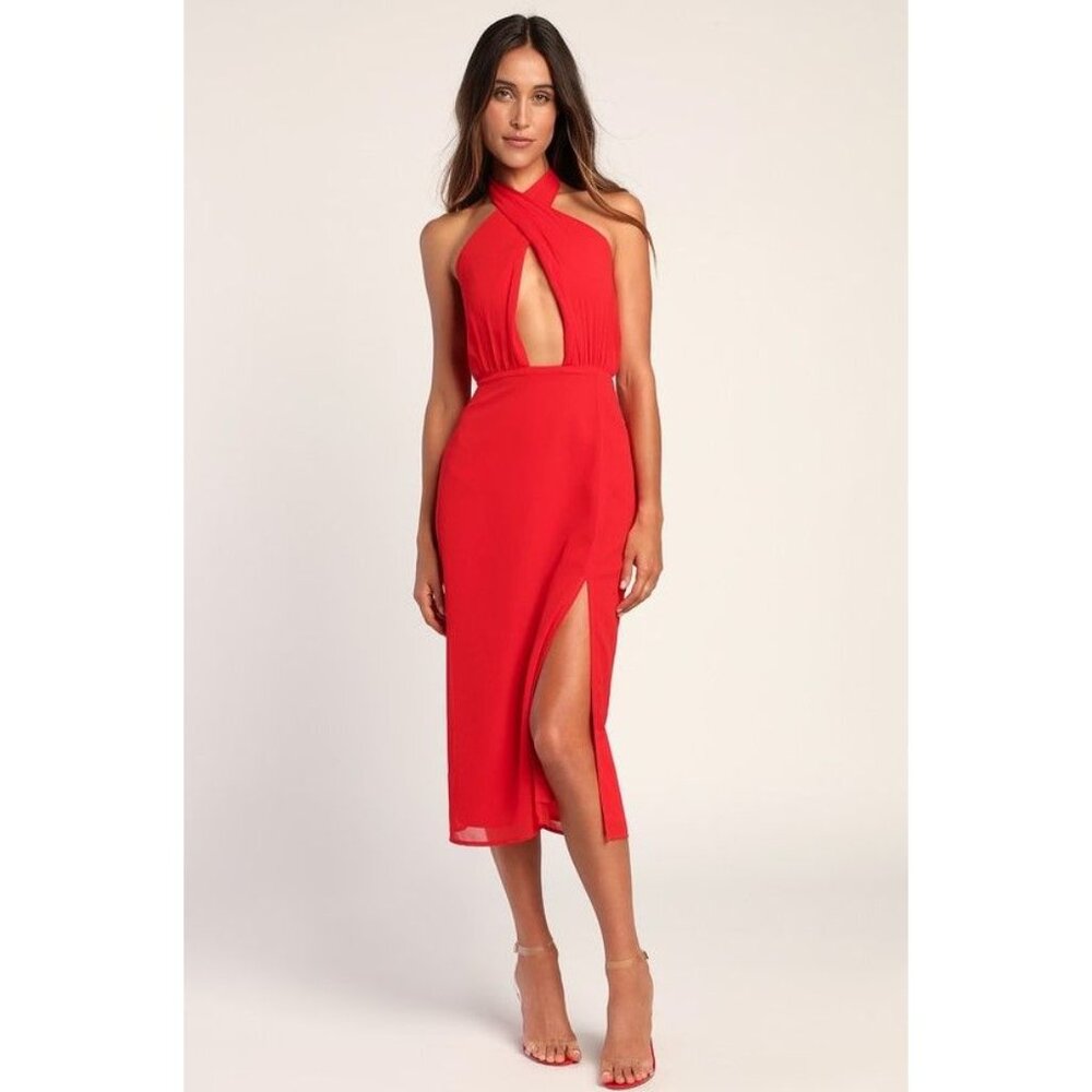 Lulus Red Halter Neck Midi Dress With Front Slit Size XS